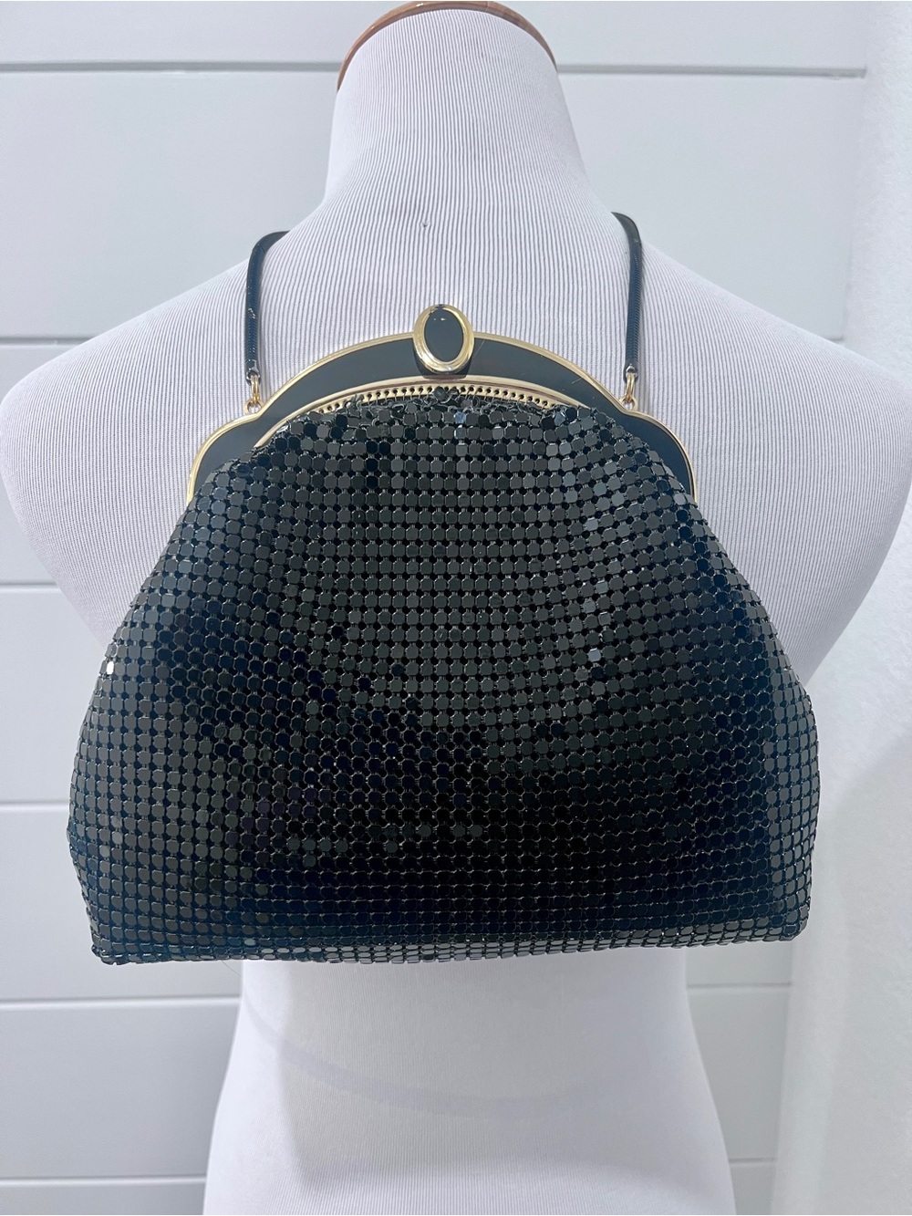 Vintage 1980’s Black Shimmery Mesh Gold Frame-Top Evening Clutch.